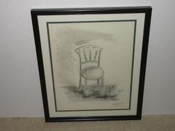 Chair w/ Paint Can Original Pencil Artwork Signed D.C.L. in Black Frame/Matt