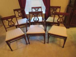 Set - 6 Mahogany Lyre Back Chairs w/ Beige Damask Upholstered Seats on Spade Feet