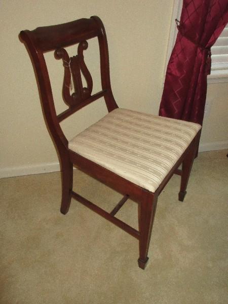 Set - 6 Mahogany Lyre Back Chairs w/ Beige Damask Upholstered Seats on Spade Feet