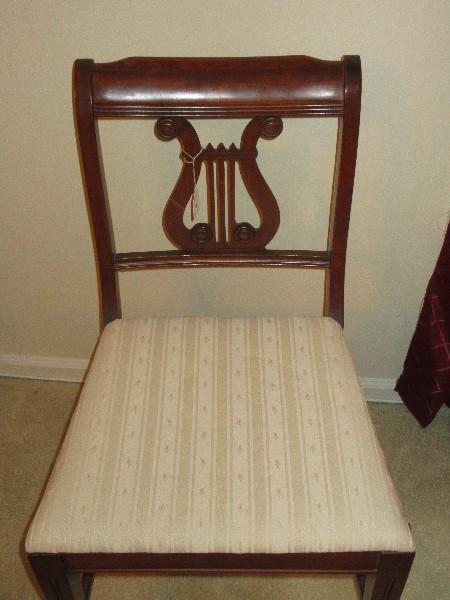 Set - 6 Mahogany Lyre Back Chairs w/ Beige Damask Upholstered Seats on Spade Feet