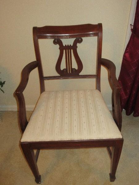 Set - 6 Mahogany Lyre Back Chairs w/ Beige Damask Upholstered Seats on Spade Feet