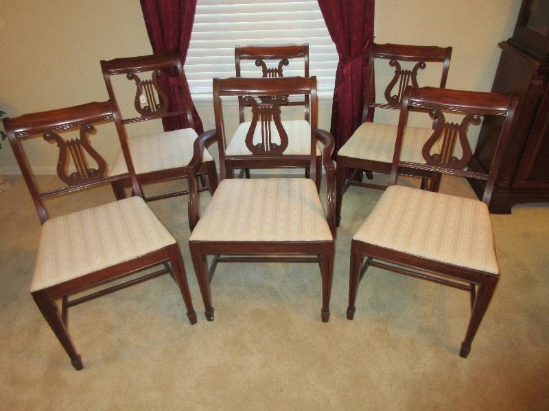 Set - 6 Mahogany Lyre Back Chairs w/ Beige Damask Upholstered Seats on Spade Feet