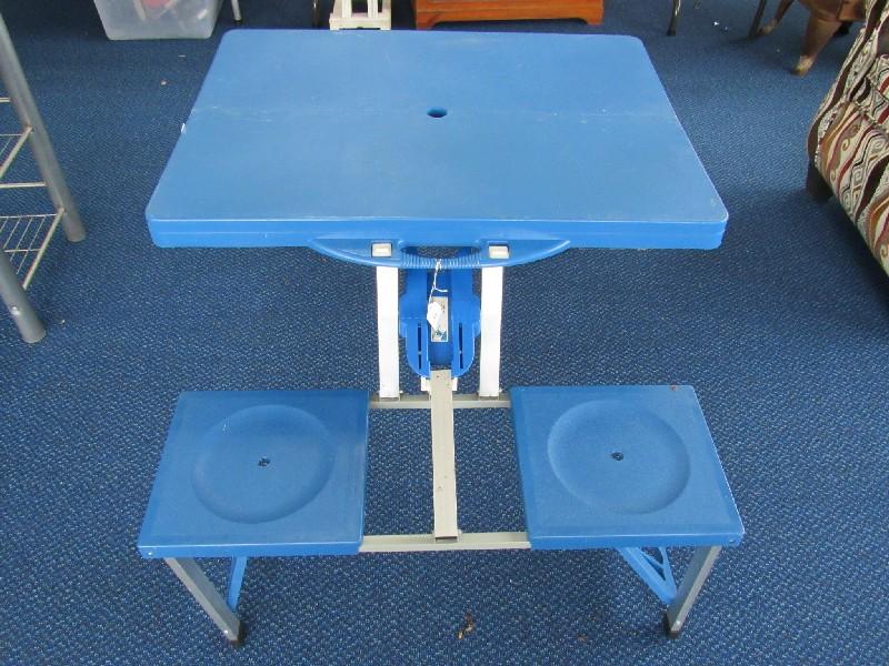 Blue Portable Fold-Out Picnic Table Metal Legs