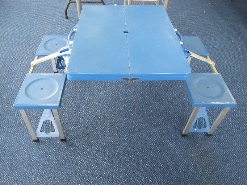 Blue Portable Fold-Out Picnic Table Metal Legs