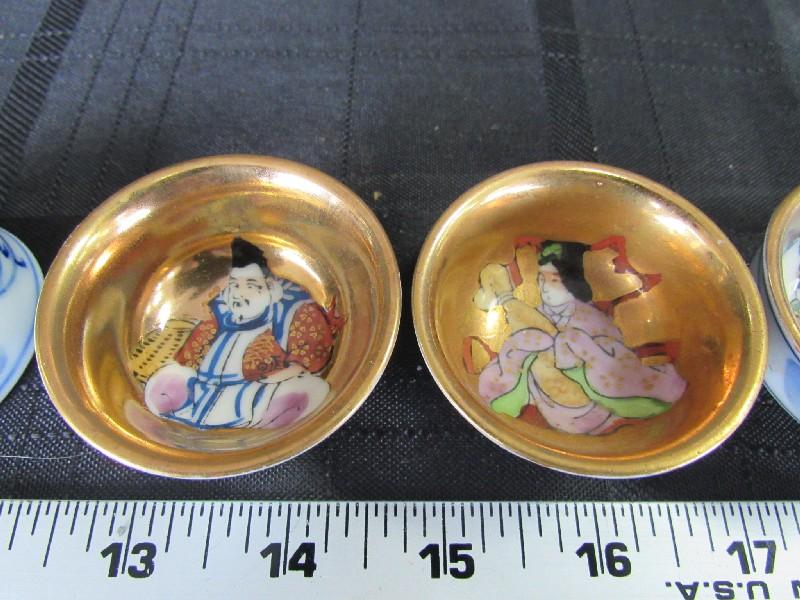 Amazing Porcelain Japan 7 Sake Cups Hand Painted Kami Motif/Gilded Design