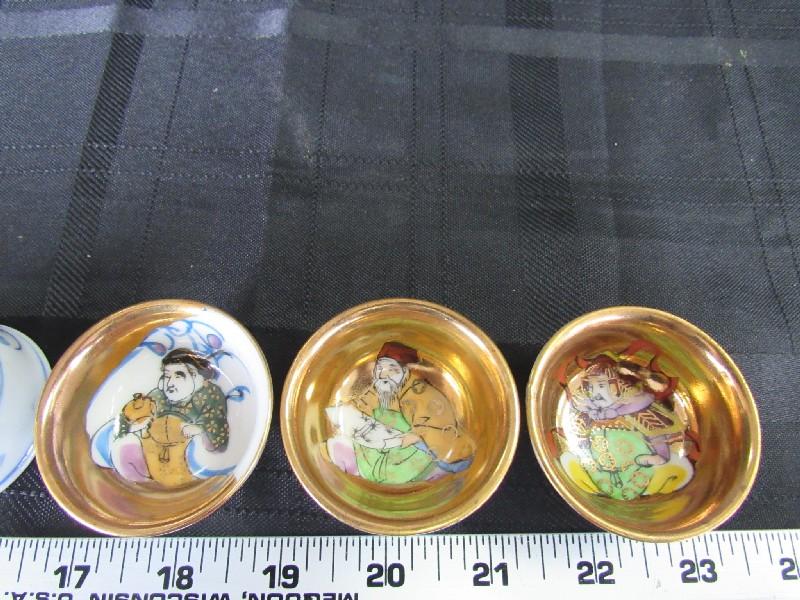 Amazing Porcelain Japan 7 Sake Cups Hand Painted Kami Motif/Gilded Design