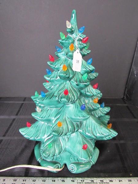 Vintage EX 1968 Green Ceramic Christmas Tree Lighted w/ Base by Atlantic Mold