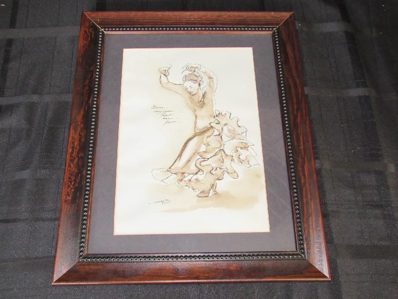 Hand Painted/Drawn Dancing Woman by Sandy Hill 2003 Bead Trim Wood Frame/Matt