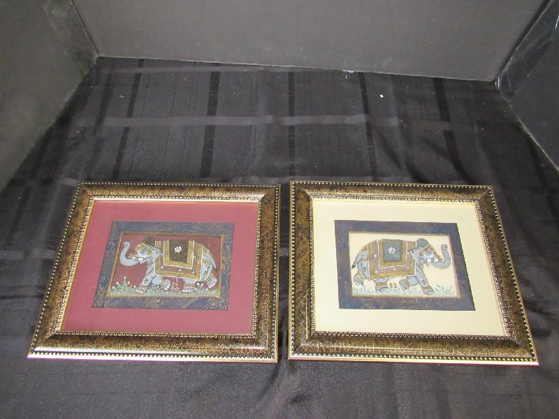 Pair - Hand Painted Indian Elephants in Ornate Beaded Gilt Wood Frame/Matt