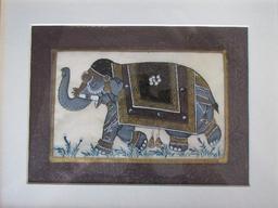 Pair - Hand Painted Indian Elephants in Ornate Beaded Gilt Wood Frame/Matt