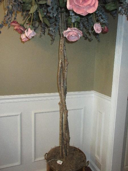 Topiary Stem Silk Roses & Eucalyptus Braided Tree Base in Brass Paw Footed Planter