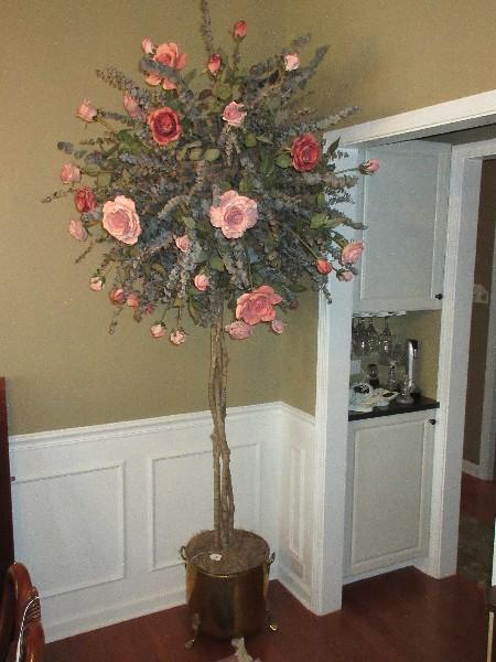 Topiary Stem Silk Roses & Eucalyptus Braided Tree Base in Brass Paw Footed Planter