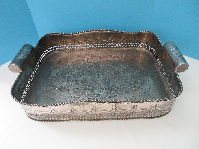 Impressive Large Serving Tray Traditional Engraved Medallion Fan Scroll Foliage