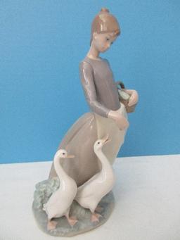 Lladro Collectible Girl w/ Basket Feeding Geese Porcelain 10" Figurine