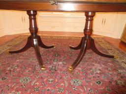 Elegant Duncan Phyfe Style Mahogany Double Pedestal Table w/ Leaf Marquetry Band