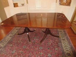 Elegant Duncan Phyfe Style Mahogany Double Pedestal Table w/ Leaf Marquetry Band