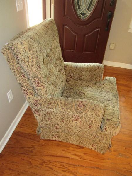 Pin Back Paisley Upholstered Swivel Rocker, Metal Base