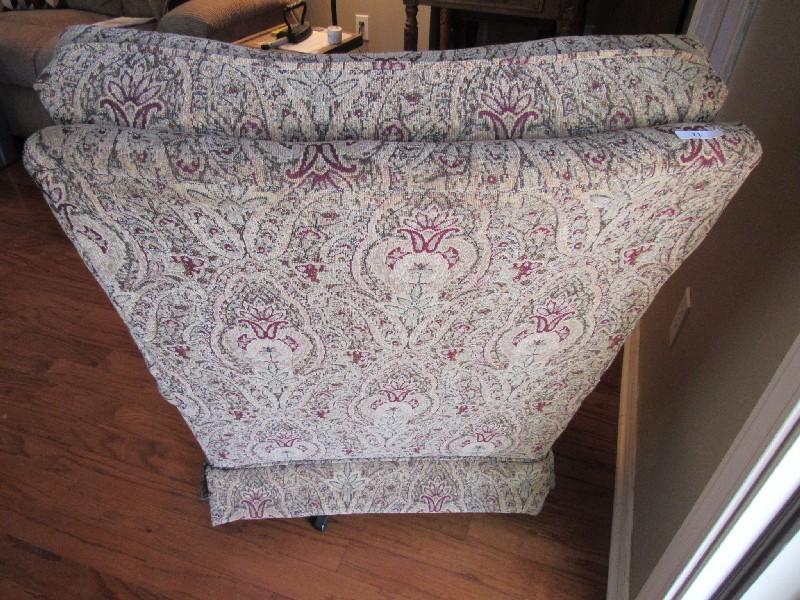 Pin Back Paisley Upholstered Swivel Rocker, Metal Base