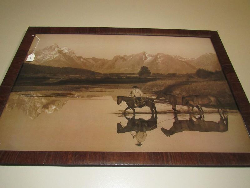 Vintage Monochrome Cowboy Crossing River Scene Picture Print in Wood Frame/Matt