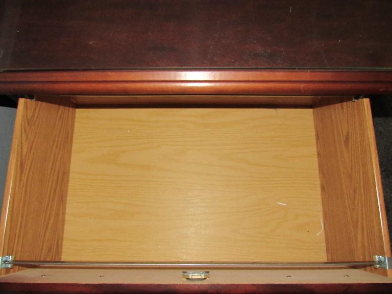 Wooden Office Desk Brass Pulls Panel Motif, 2 Parts, 1 w/ Glass Top, 2 Filing Drawers