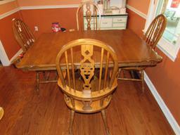 Wooden Extendable Dining Table w/ 4 Chairs, 2 Host/2 Sides, Table Grooved Column Center