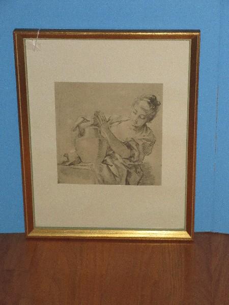 Reliable Fine Art Print Titled "Girl w/ Jug" Attributed To Bouche in Gilded Frame/Matt