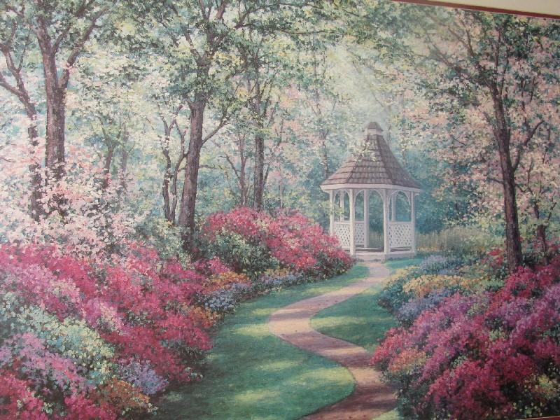 Colorful Gazebo Garden Picture Print in Rope Trim Gilted Wooden Frame/Matt