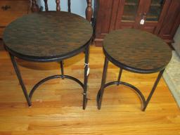 Pair - Wood Veneer Top Round Nesting Tables Black Metal Legs