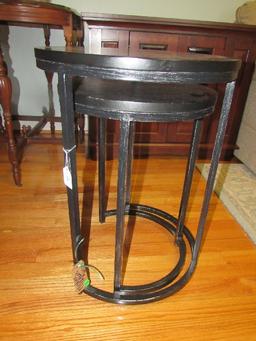 Pair - Wood Veneer Top Round Nesting Tables Black Metal Legs