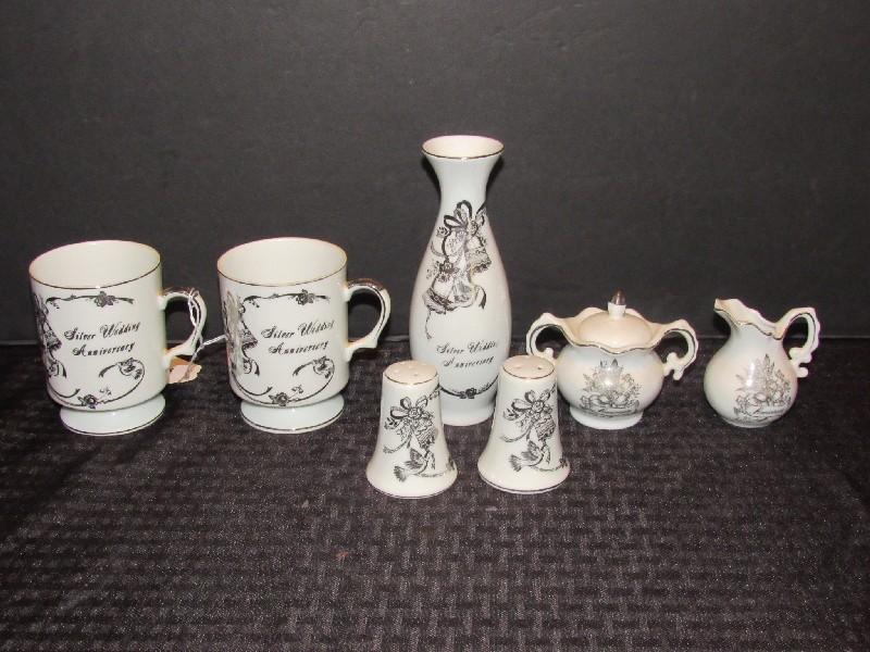 Lefton China Japan Lot - 2 Silver Anniversary Cups, 25th Anniversary Creamer/Sugar