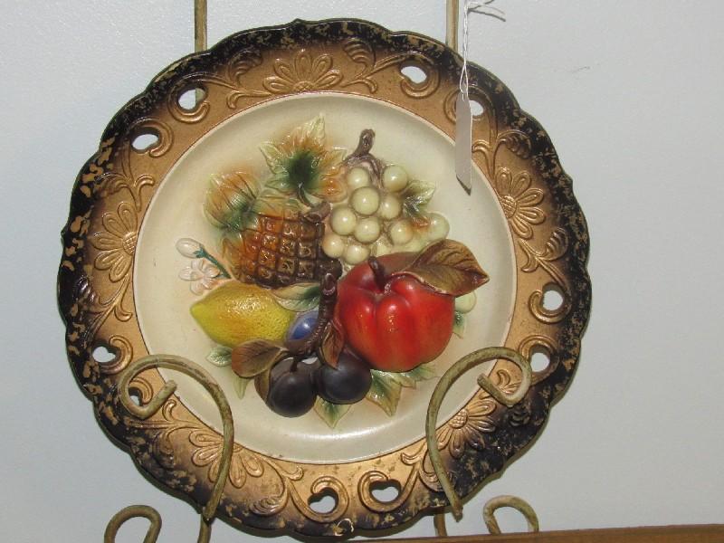 Napcoware Ceramic Fruit Design Décor Plates 10 1/4" D, Scroll Metal Plate Holder