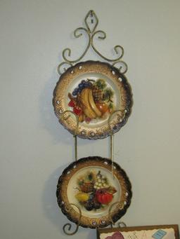 Napcoware Ceramic Fruit Design Décor Plates 10 1/4" D, Scroll Metal Plate Holder