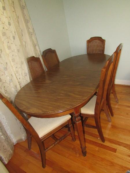 Mahogany Wood Top Extendable Dining Table 1 Leaf w/ 6 Chairs, 1 Host/5 Sides