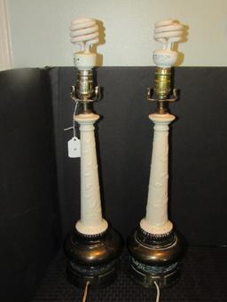 Pair - Milk Glass Tall Leaf Pattern Lamps w/ Scallop/Block Pattern Base