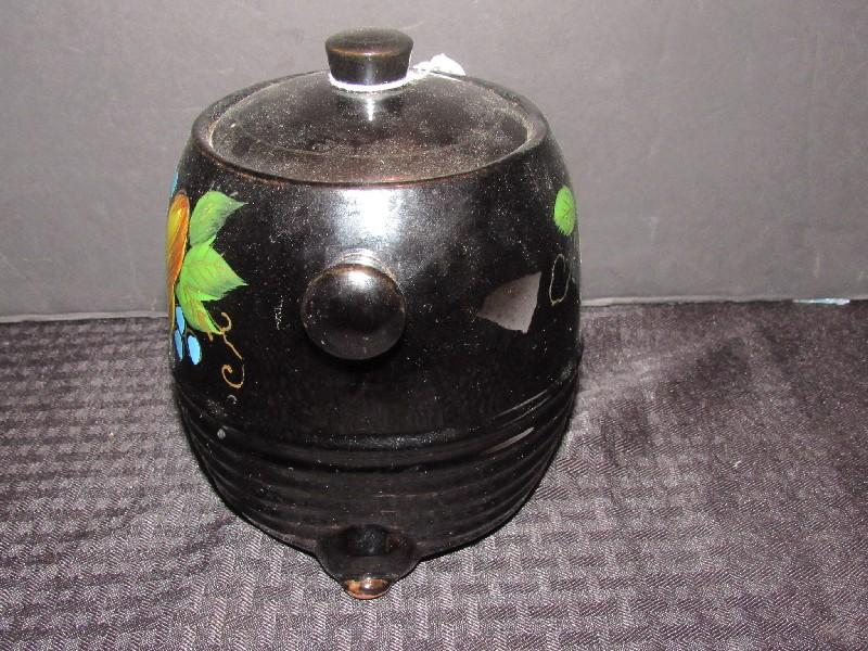 Vintage Black Ceramic Bean Pot Fruit Hand Painted Motif