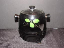 Vintage Black Ceramic Bean Pot Fruit Hand Painted Motif