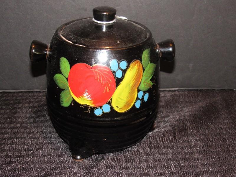 Vintage Black Ceramic Bean Pot Fruit Hand Painted Motif