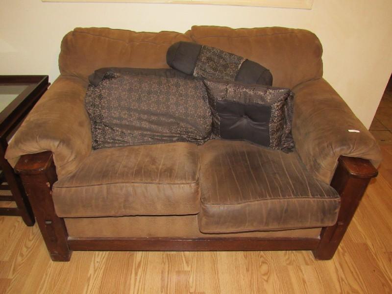 Brown Upholstered 2 Seat Loveseat, Wooden Frame