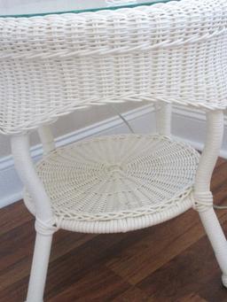 Traditional White PVC-All Weather End Table w/ Base Shell & Protective Glass Top