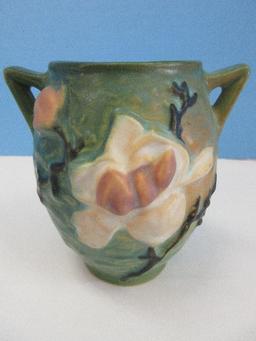 Roseville Pottery Magnolia Pattern 4" Vase Textured Green Background Black Stems