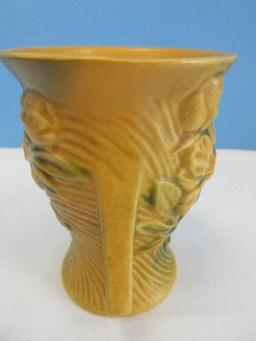 Roseville Pottery Peony Pattern 4" Vase Embossed Large Yellow Flowers