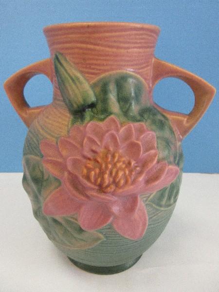 Roseville Pottery Water Lily Pattern Color Combination Pink & Green 8" Vase