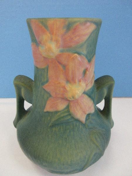 Roseville Pottery Clematis Pattern 6" Bulbous Double Handle Vase