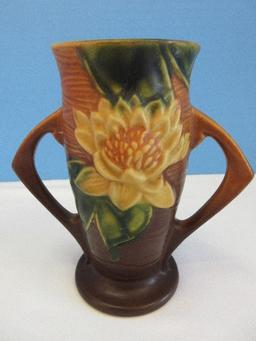 Roseville Pottery Water Lily Pattern 6" Art Deco Style Double Handle Cylinder Form Vase