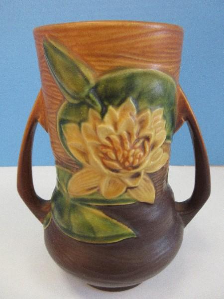 Roseville Pottery Water Lily Pattern 8" Bulbous Vase Double Handle Yellow Flowers