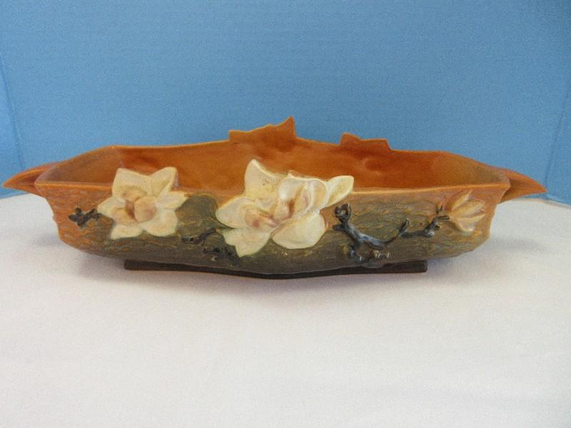 Roseville Pottery Magnolia Pattern 12" Console Bowl Tan Textured Background Black Stems