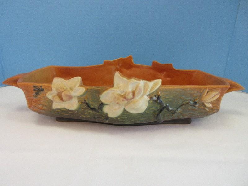 Roseville Pottery Magnolia Pattern 12" Console Bowl Tan Textured Background Black Stems