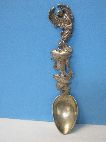 Antique Sterling Silver Figural Angel & Pierced Foliate Pattern handle 4 3/8" Demitasse Spoon
