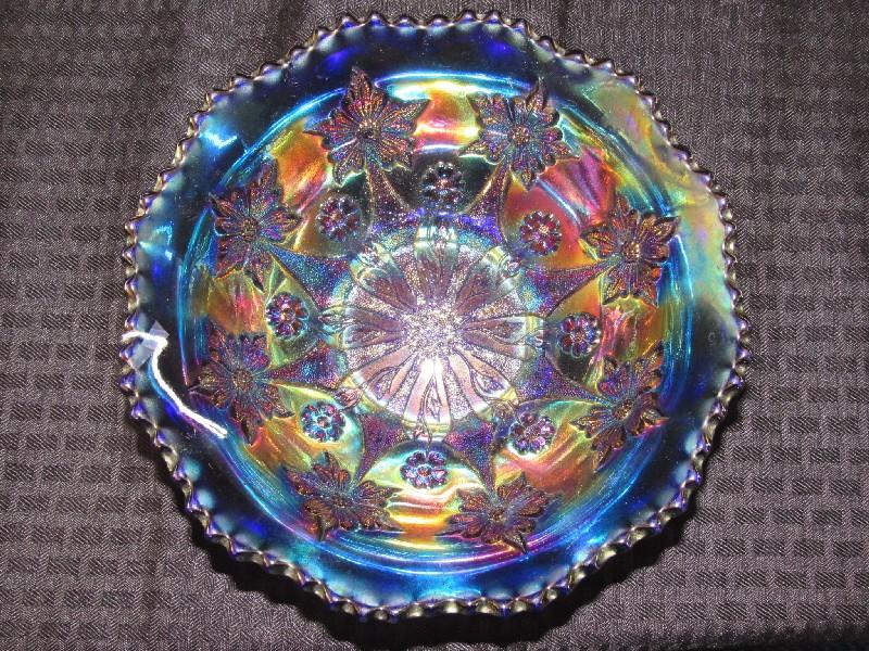 Iridescent Indiana Glass Bowl Floral Pattern Sawtooth Motif Rim