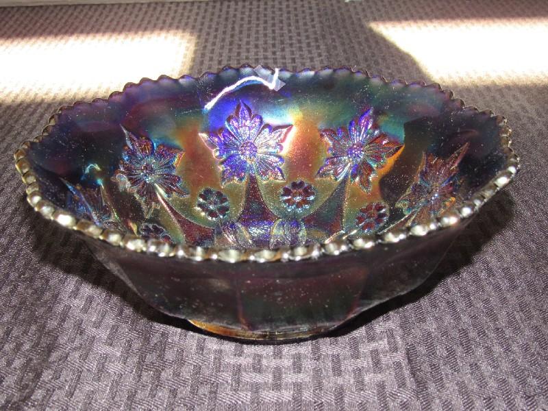 Iridescent Indiana Glass Bowl Floral Pattern Sawtooth Motif Rim